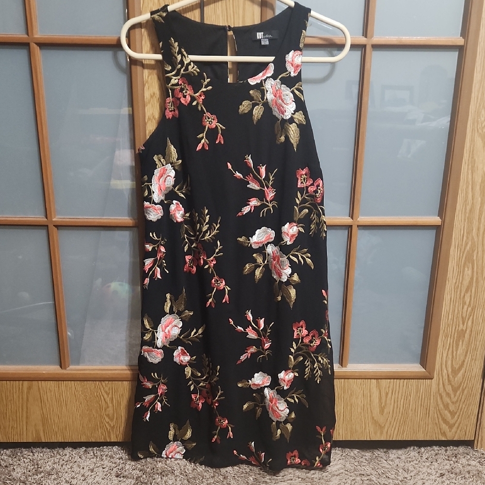 Kut from the Kloth Black Floral Mini Dress with Pink & Gold Embroidery